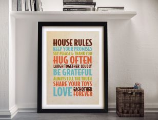 House Rules Style 4 framed wall art, a personalised typographic print of the rules that shape your family home